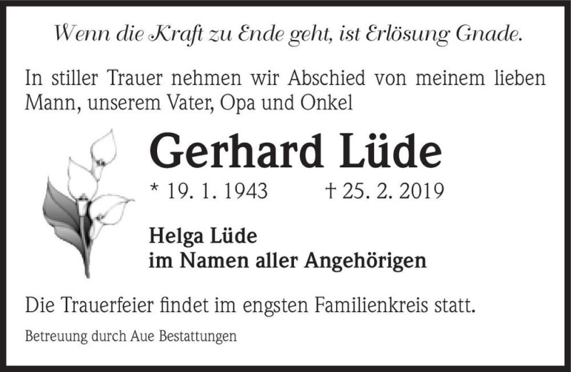  Traueranzeige für Gerhard Lüde  vom 02.03.2019 aus Magdeburger Volksstimme