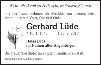 Traueranzeige von Gerhard Lüde  von Magdeburger Volksstimme