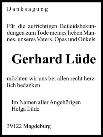 Traueranzeige von Gerhard Lüde  von Magdeburger Volksstimme