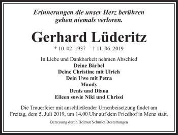 Traueranzeige von Gerhard Lüderitz  von Magdeburger Volksstimme