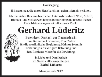 Traueranzeige von Gerhard Lüderitz  von Magdeburger Volksstimme