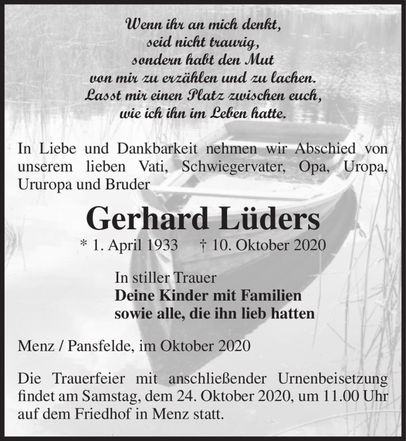  Traueranzeige für Gerhard Lüders  vom 17.10.2020 aus Magdeburger Volksstimme