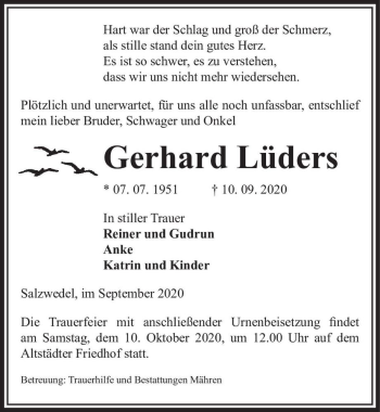 Traueranzeige von Gerhard Lüders  von Magdeburger Volksstimme