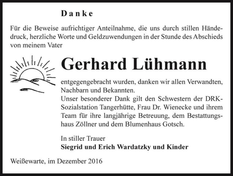  Traueranzeige für Gerhard Lühmann  vom 17.12.2016 aus Magdeburger Volksstimme