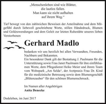 Traueranzeige von Gerhard Madlo  von Magdeburger Volksstimme