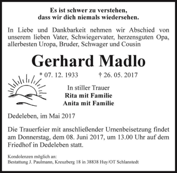 Traueranzeige von Gerhard Madlo  von Magdeburger Volksstimme