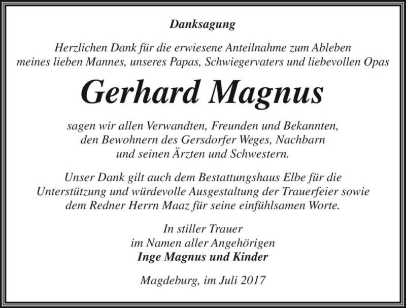  Traueranzeige für Gerhard Magnus  vom 15.07.2017 aus Magdeburger Volksstimme