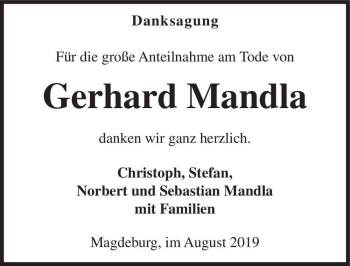 Traueranzeige von Gerhard Mandla  von Magdeburger Volksstimme