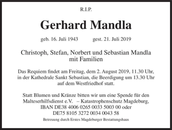Traueranzeige von Gerhard Mandla  von Magdeburger Volksstimme
