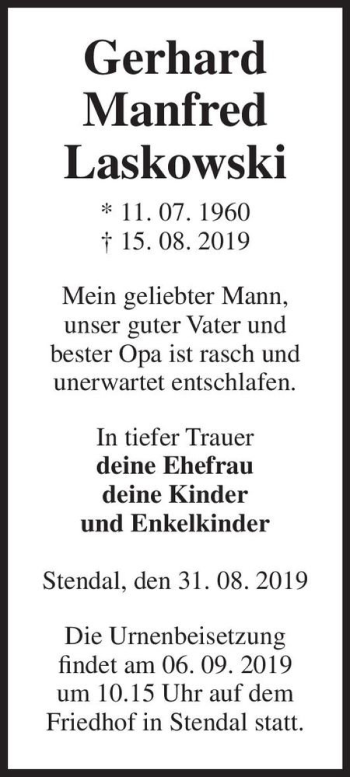Traueranzeige von Gerhard Manfred Laskowski  von Magdeburger Volksstimme
