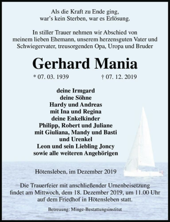 Traueranzeige von Gerhard Mania  von Magdeburger Volksstimme