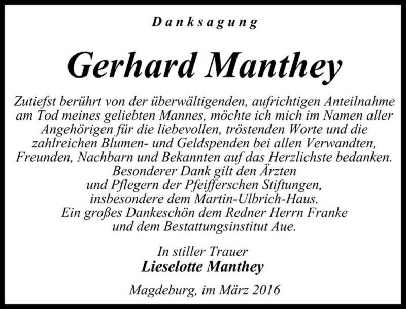  Traueranzeige für Gerhard Manthey  vom 15.06.2017 aus Magdeburger Volksstimme