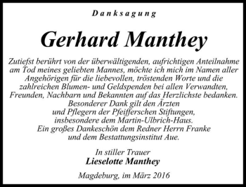 Traueranzeige von Gerhard Manthey  von Magdeburger Volksstimme