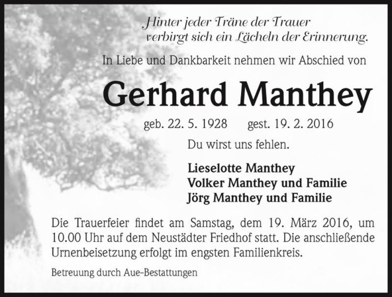  Traueranzeige für Gerhard Manthey  vom 05.03.2016 aus Magdeburger Volksstimme