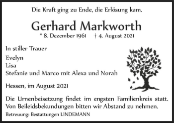 Traueranzeige von Gerhard Markworth  von Magdeburger Volksstimme