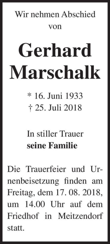 Traueranzeige von Gerhard Marschalk  von Magdeburger Volksstimme