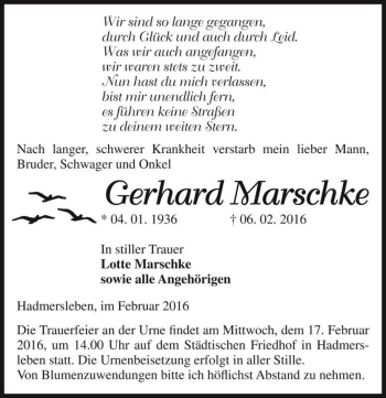 Traueranzeige von Gerhard Marschke  von Magdeburger Volksstimme