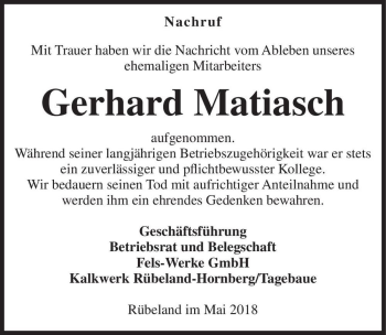 Traueranzeige von Gerhard Matiasch  von Magdeburger Volksstimme