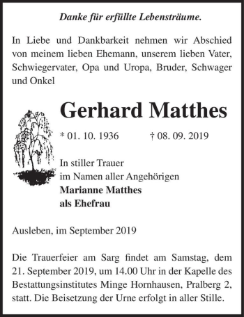 Traueranzeige von Gerhard Matthes  von Magdeburger Volksstimme