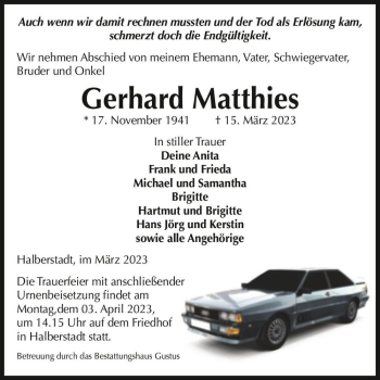 Traueranzeige von Gerhard Matthies  von Magdeburger Volksstimme