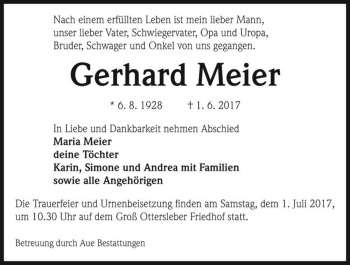 Traueranzeige von Gerhard Meier  von Magdeburger Volksstimme