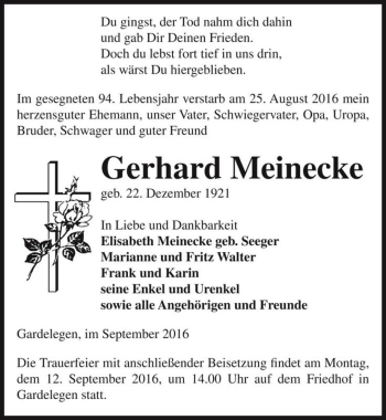 Traueranzeige von Gerhard Meinecke  von Magdeburger Volksstimme