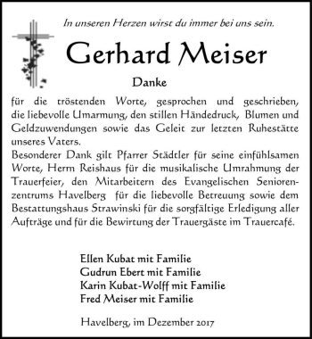 Traueranzeige von Gerhard Meiser  von Magdeburger Volksstimme