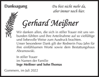 Traueranzeige von Gerhard Meißner  von Magdeburger Volksstimme