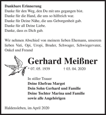 Traueranzeige von Gerhard Meißner  von Magdeburger Volksstimme