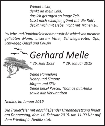 Traueranzeige von Gerhard Melle  von Magdeburger Volksstimme