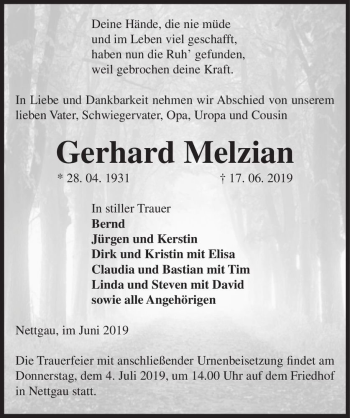 Traueranzeige von Gerhard Melzian  von Magdeburger Volksstimme