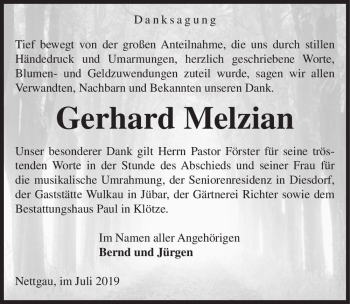 Traueranzeige von Gerhard Melzian  von Magdeburger Volksstimme