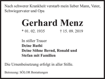 Traueranzeige von Gerhard Menz  von Magdeburger Volksstimme