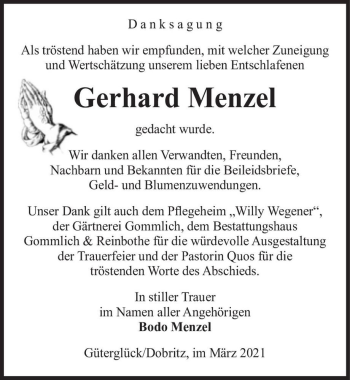 Traueranzeige von Gerhard Menzel  von Magdeburger Volksstimme