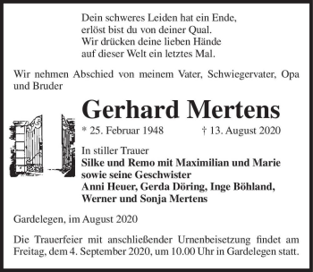 Traueranzeige von Gerhard Mertens  von Magdeburger Volksstimme