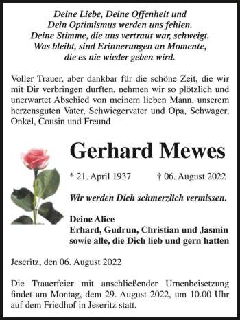 Traueranzeige von Gerhard Mewes  von Magdeburger Volksstimme