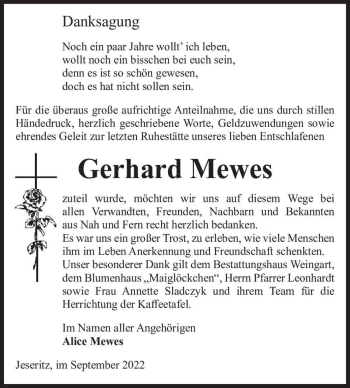 Traueranzeige von Gerhard Mewes  von Magdeburger Volksstimme