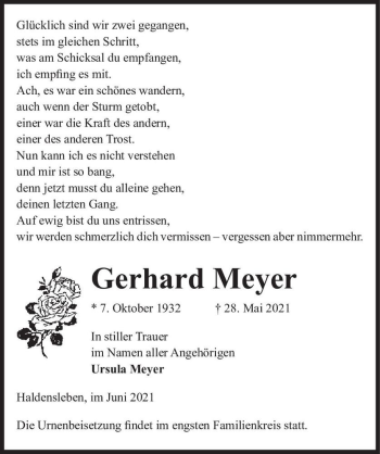Traueranzeige von Gerhard Meyer  von Magdeburger Volksstimme