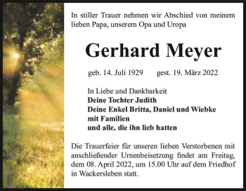 Traueranzeige von Gerhard Meyer  von Magdeburger Volksstimme