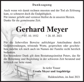 Traueranzeige von Gerhard Meyer  von Magdeburger Volksstimme