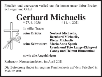 Traueranzeige von Gerhard Michaelis  von Magdeburger Volksstimme