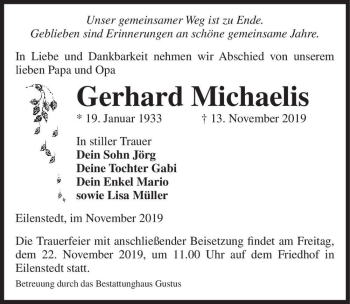 Traueranzeige von Gerhard Michaelis  von Magdeburger Volksstimme