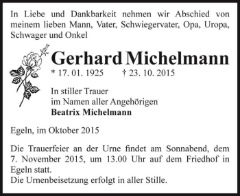 Traueranzeige von Gerhard Michelmann  von Magdeburger Volksstimme