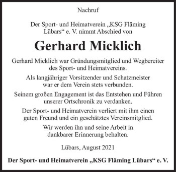 Traueranzeige von Gerhard Micklich  von Magdeburger Volksstimme