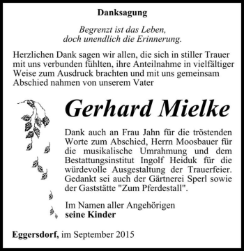 Traueranzeige von Gerhard Mielke  von Magdeburger Volksstimme