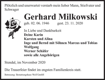 Traueranzeige von Gerhard Milkowski  von Magdeburger Volksstimme