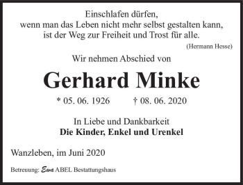 Traueranzeige von Gerhard Minke  von Magdeburger Volksstimme