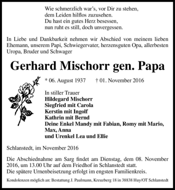 Traueranzeige von Gerhard Mischorr (gen. Papa)  von Magdeburger Volksstimme