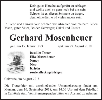 Traueranzeige von Gerhard Mosenheuer  von Magdeburger Volksstimme