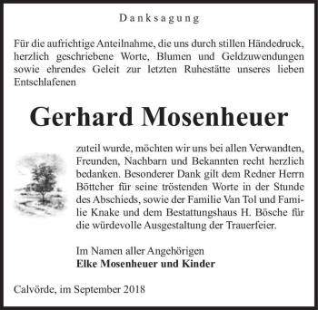 Traueranzeige von Gerhard Mosenheuer  von Magdeburger Volksstimme